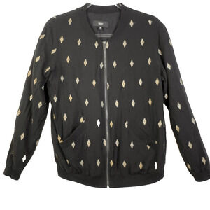 Mossimo Bomber Jacket Women's Medium Black Metallic Gold Pockets Zip Lightweight